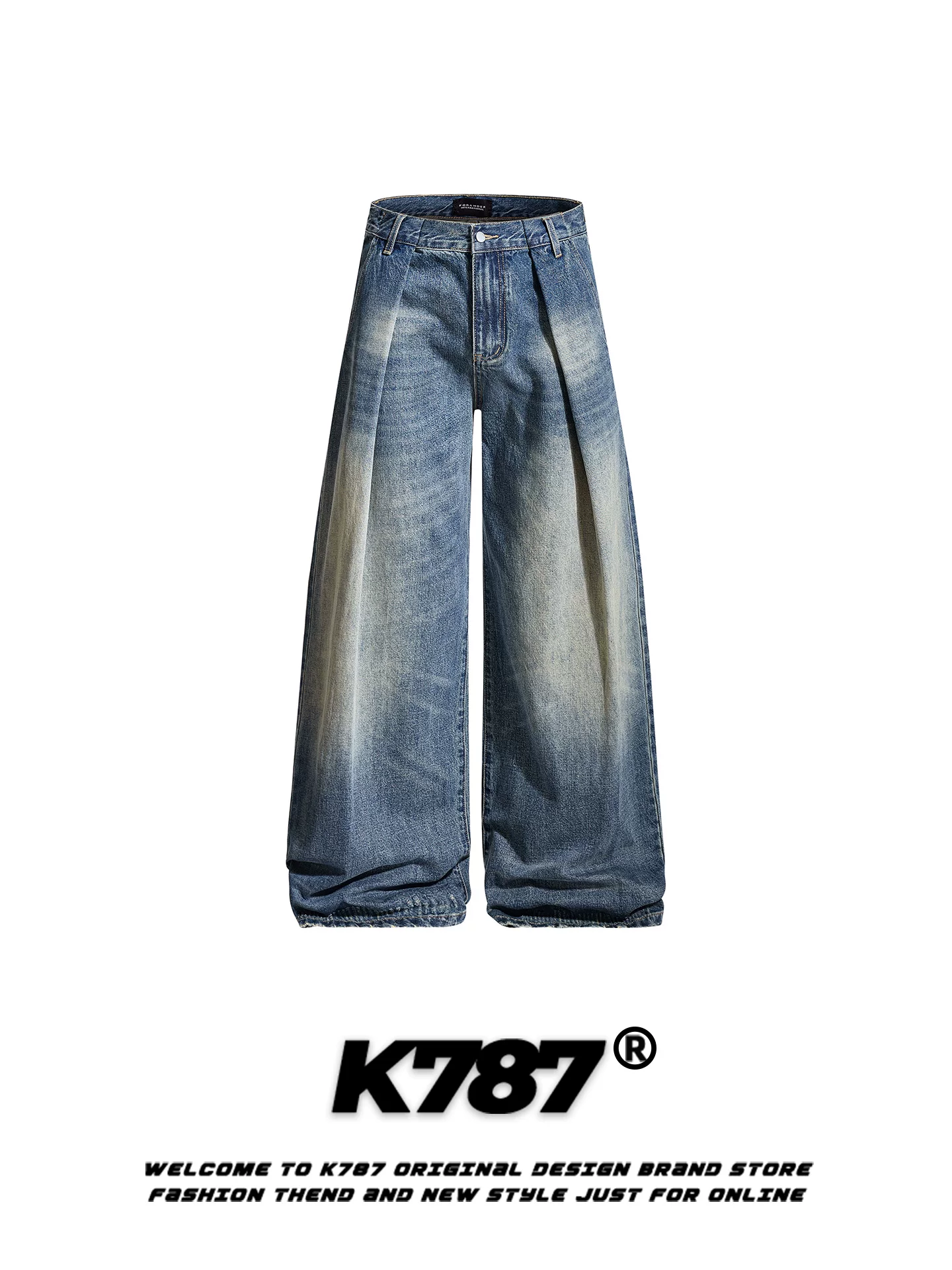 Quần jeans K787 kiểu Mỹ cổ điển, xước, nhăn, rách, unisex, dáng rộng, phong cách đường phố, dài chấm đất, cạp cao, ống thẳng, ống rộng
