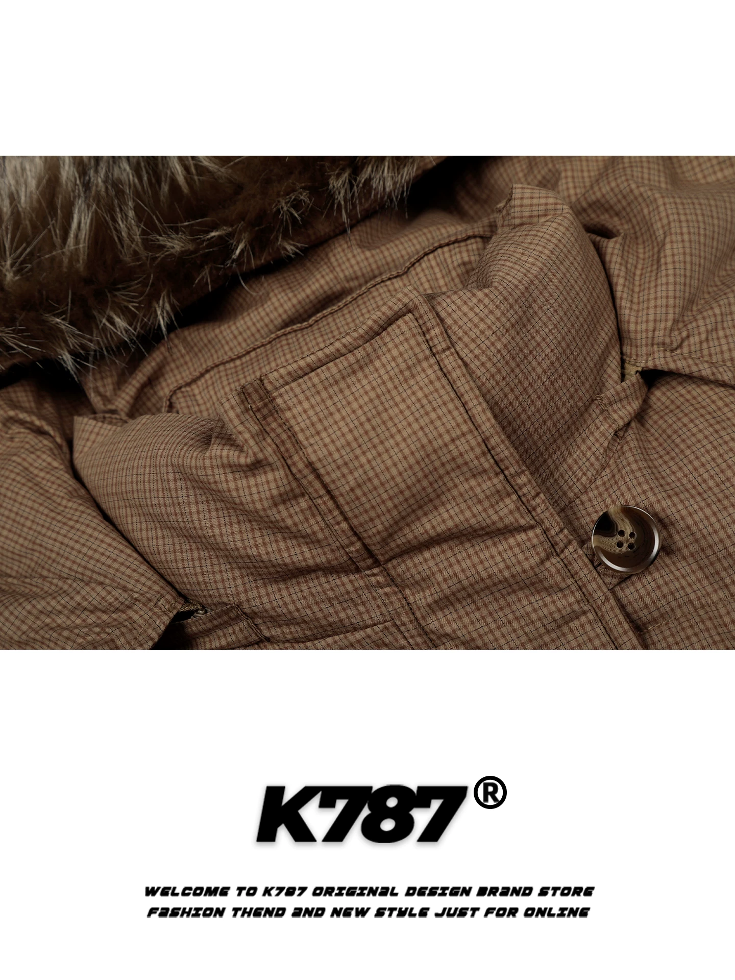 Áo khoác cotton có mũ trùm đầu cổ lông kẻ sọc cổ điển kiểu Mỹ K787 dành cho nữ, phong cách lười biếng, dày dặn và ấm áp, áo khoác cotton mùa đông ngắn.