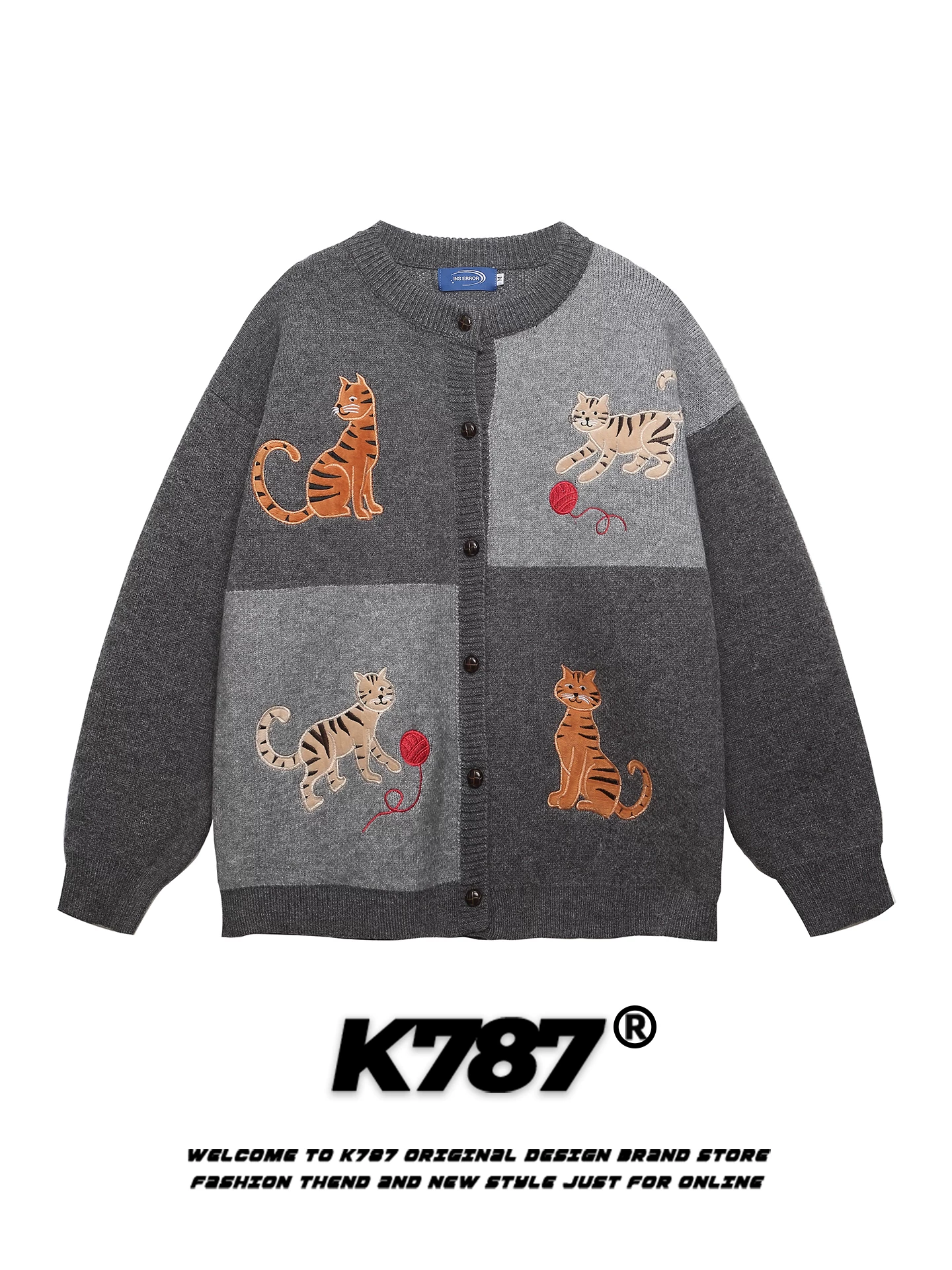 K787 Áo len cardigan thêu hình mèo cổ điển kiểu Mỹ unisex dáng rộng cổ điển cặp đôi dệt kim mùa thu