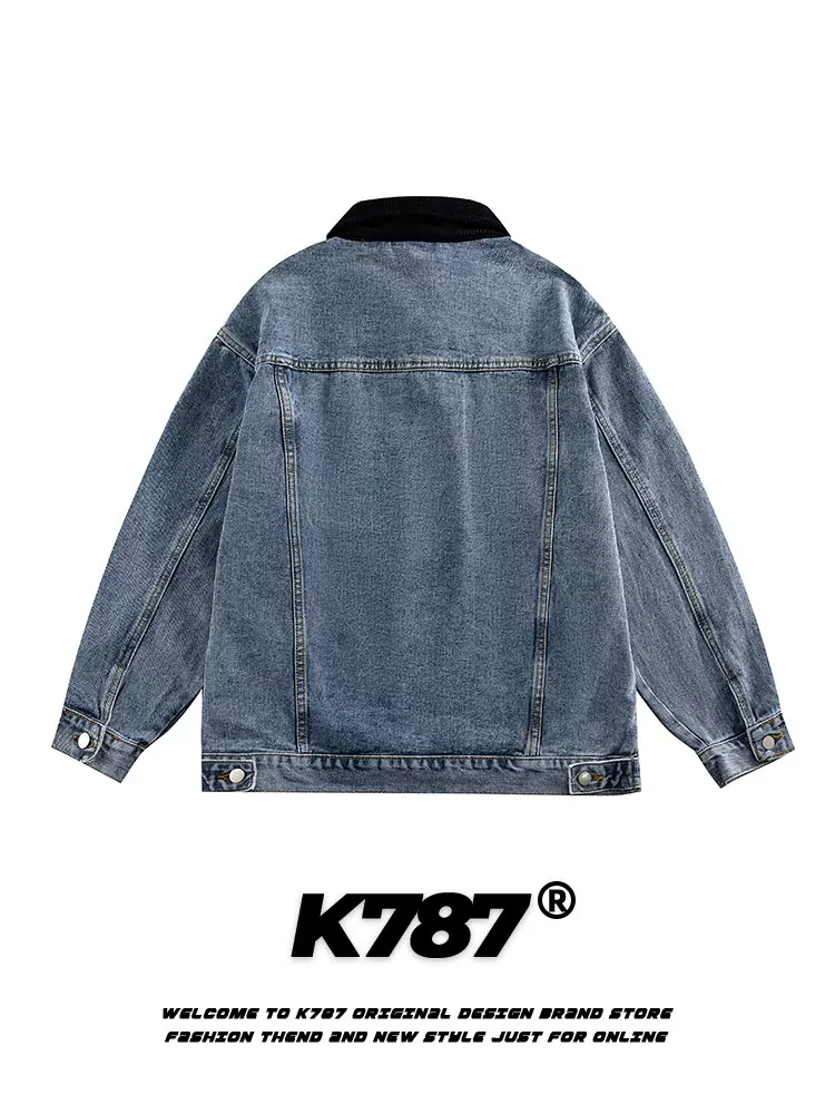 Áo khoác denim kiểu dáng cổ điển Mỹ K787, phong cách retro, chất liệu denim xước, kiểu dáng unisex, áo khoác cặp đôi, phong cách vintage, kiểu dáng công nhân.