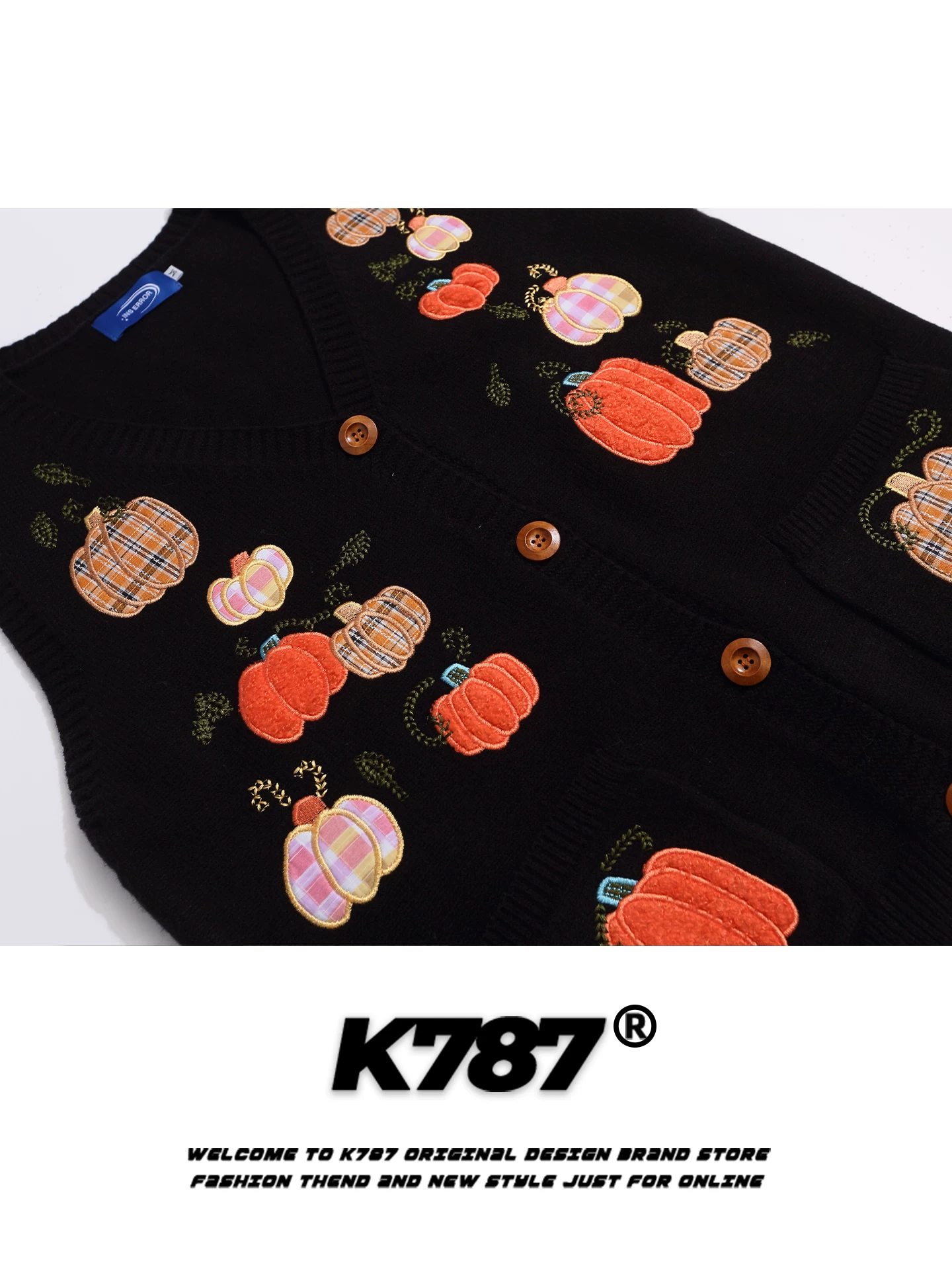 Áo cardigan thêu hình bí ngô cổ chữ V phong cách retro Mỹ K787 dành cho nam và nữ, áo khoác dệt kim nhiều lớp rộng rãi và ấm áp