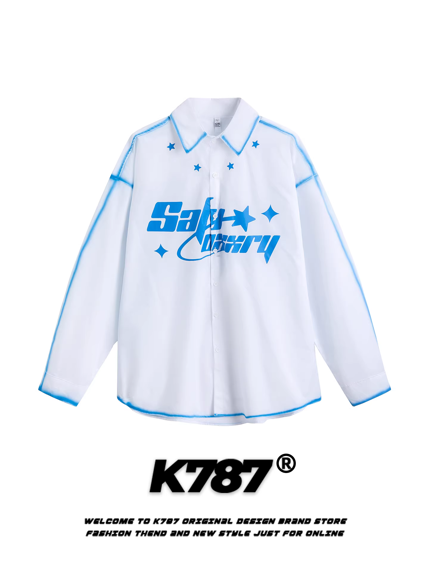 K787 Áo sơ mi dài tay in chữ và ngôi sao theo phong cách Mỹ dành cho nam và nữ, áo sơ mi cặp đôi đi làm thường ngày rộng rãi, phong cách đường phố