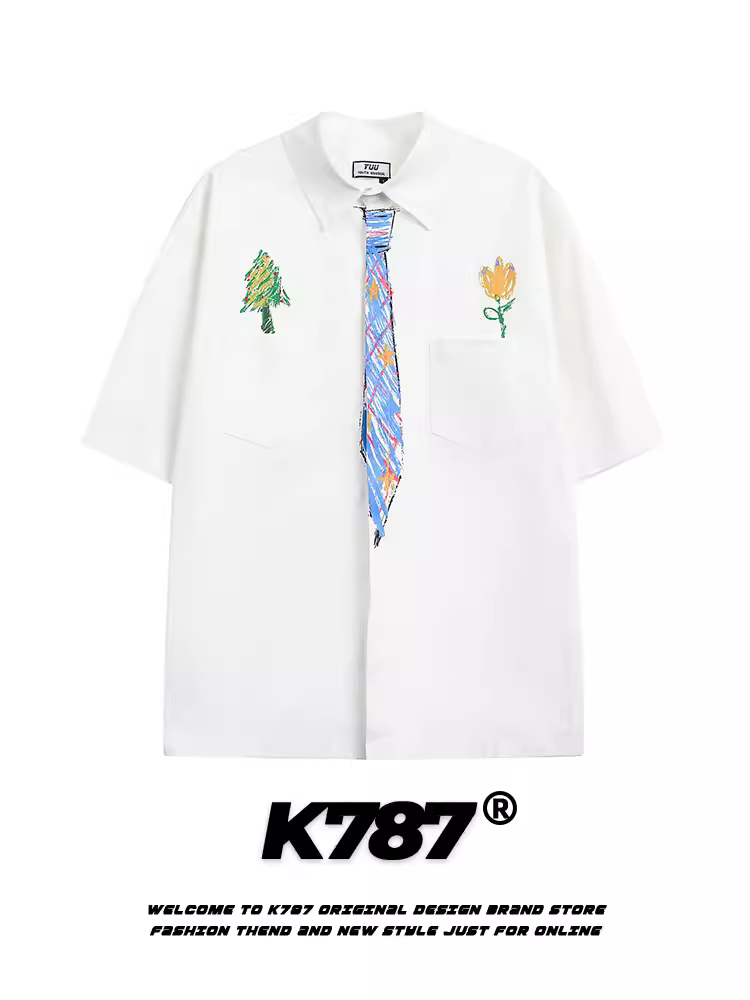 Áo sơ mi ngắn tay họa tiết graffiti retro Mỹ K787 dành cho nam và nữ, kiểu vintage mùa hè 2025, kiểu cardigan nửa tay