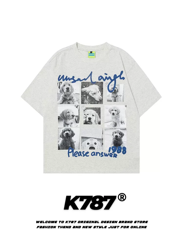 K787 Áo thun ngắn tay in hình chó theo xu hướng cổ điển của Mỹ dành cho nam và nữ áo thun cotton nguyên chất ngoại cỡ áo thun cặp đôi