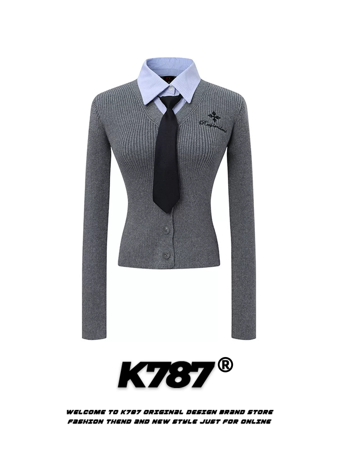 K787 Áo len dệt kim giả hai mảnh thêu phong cách Hàn Quốc ngọt ngào và cay cay dành cho nữ, dáng ôm, áo len cardigan ngắn gợi cảm