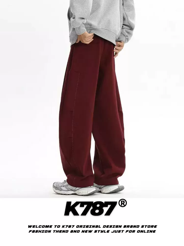 K787 Quần xếp ly kiểu Mỹ cổ điển Angora màu đỏ kiểu dáng oversized hip-hop khiêu vũ đường phố thể thao quần thẳng thông thường