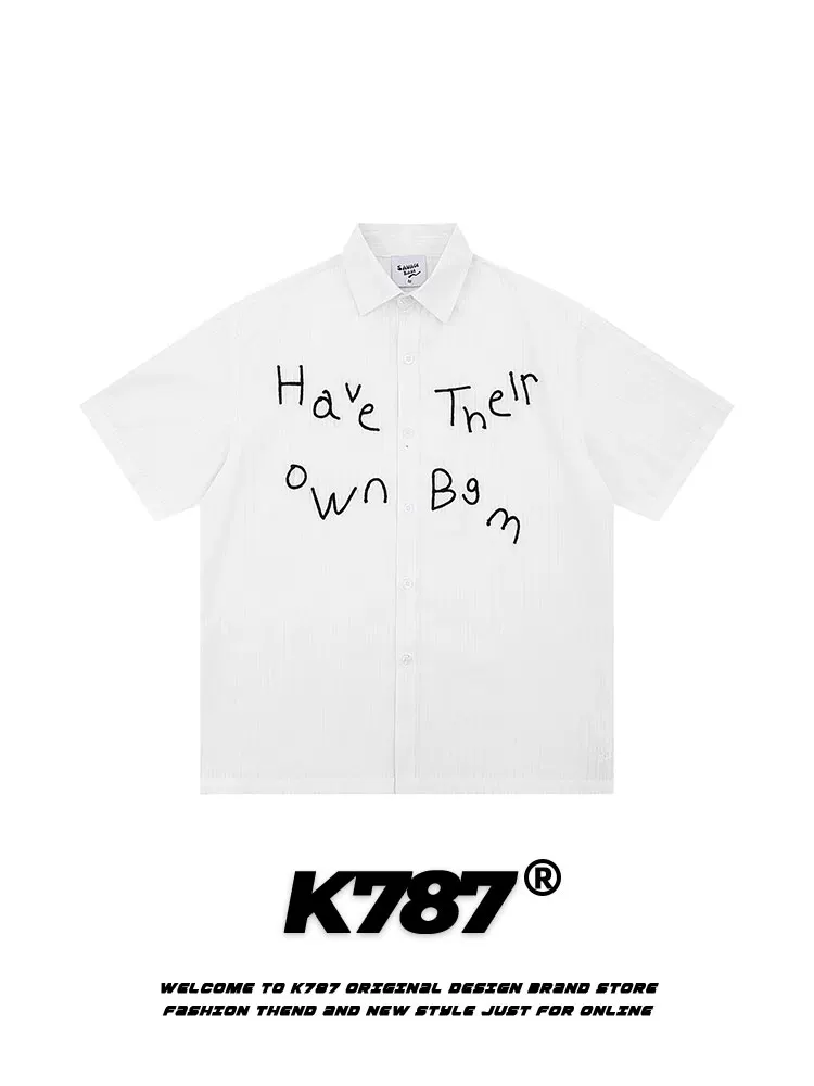 K787 Mỹ retro thêu chữ phong cách đại học áo sơ mi ngắn tay unisex cổ điển đa năng cardigan hàng đầu mùa hè