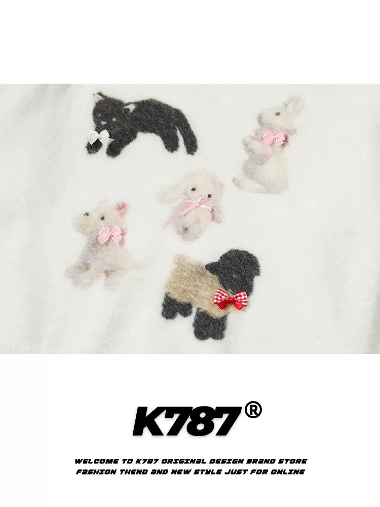 K787 Áo len dệt kim nhung hình thỏ và chó theo phong cách cổ điển của Mỹ dành cho nữ, áo len mohair phong cách lười biếng ngọt ngào dịu dàng dành cho nữ