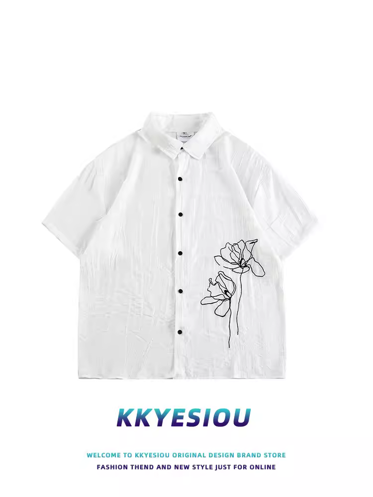 Áo sơ mi ngắn tay thêu hoa hồng phong cách Trung Quốc mới của KKyesiou dành cho nam và nữ, xu hướng quốc gia, áo có cổ kiểu Trung Quốc dành cho cặp đôi