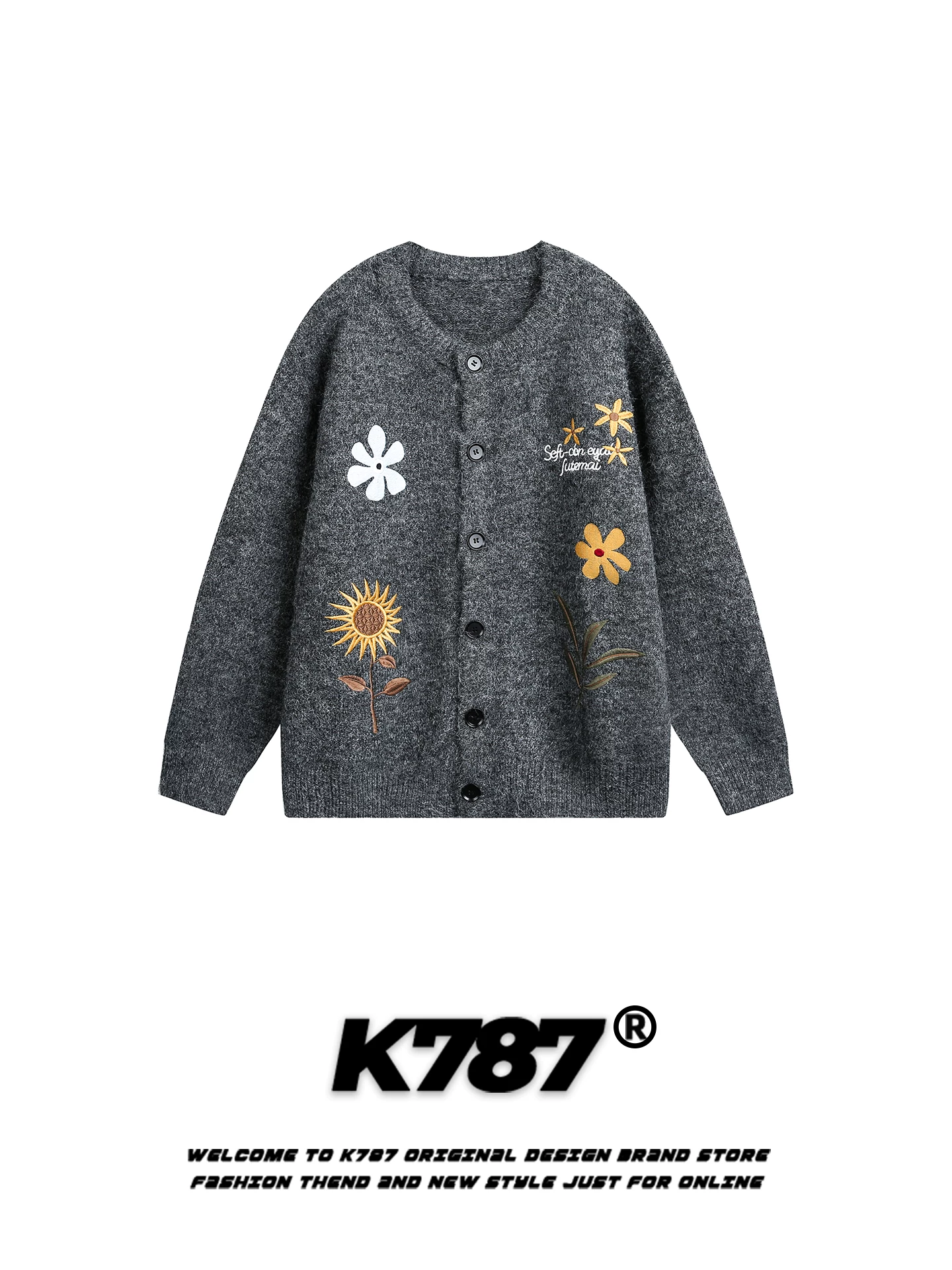 Áo len cardigan cổ tròn thêu hoa kiểu Mỹ K787 dành cho nam và nữ, áo khoác dệt kim dáng rộng phong cách đại học, trẻ trung
