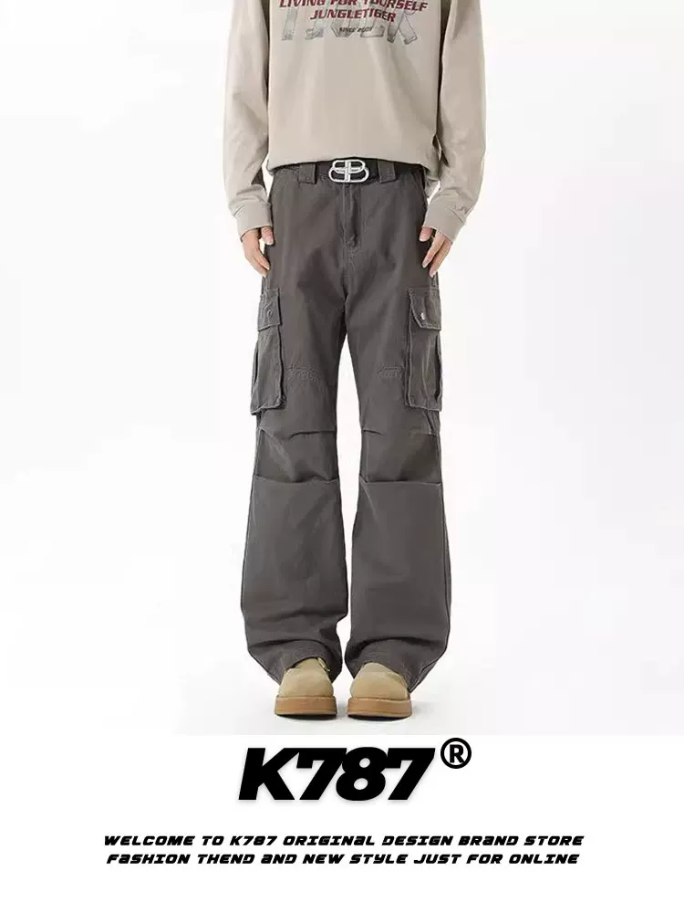 Quần cargo ống loe kiểu Mỹ cổ điển K787, chất liệu washed, xước nhẹ, dành cho nam, nhiều túi, cạp cao, đa năng, phong cách hip-hop, dáng thẳng.