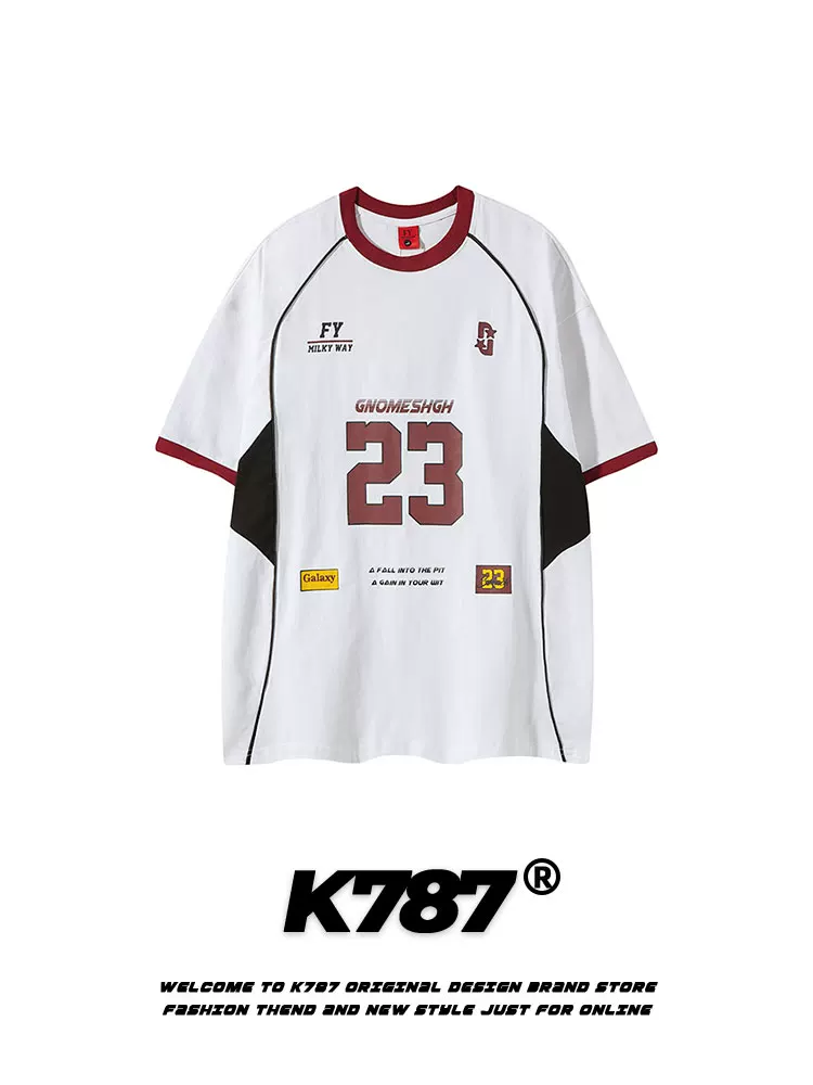 K787 Áo thun thể thao cổ điển kiểu Mỹ đa năng phối màu ngắn tay unisex blokecore áo thun cặp đôi jersey tee