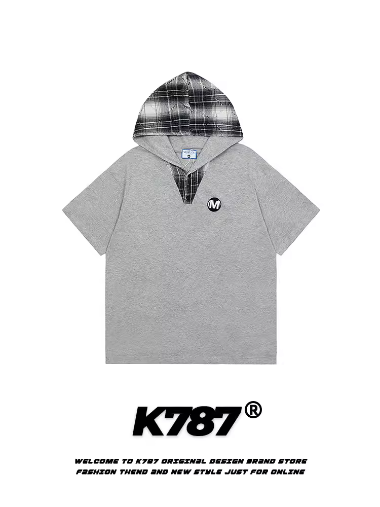 Áo thun có mũ trùm đầu kiểu dáng rộng rãi, đa năng, chất liệu vải caro phối màu kiểu Mỹ cổ điển K787, unisex.