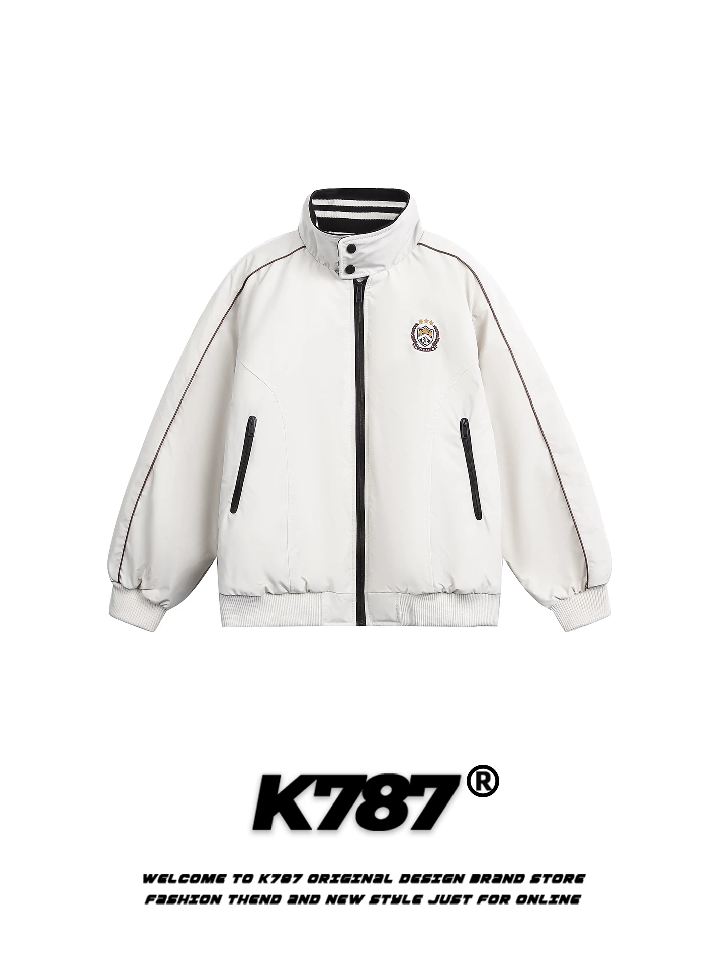 Áo khoác cotton cổ đứng thêu huy hiệu thương hiệu thời thượng kiểu Mỹ K787 dành cho nam và nữ, dáng rộng, ấm áp, phối màu, áo khoác cotton đa năng dành cho cặp đôi.