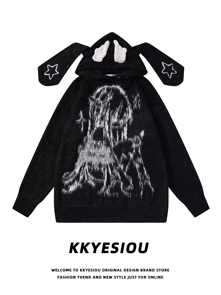 Áo hoodie dệt kim hoạt hình anime kiểu Nhật KKyesiou dành cho nam và nữ, kiểu dáng rộng, áo khoác tai thỏ đôi