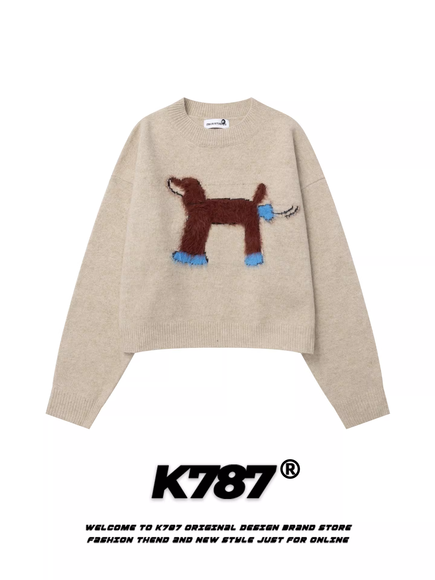 Áo len ngắn thêu hình chó phong cách đường phố Mỹ K787 dành cho nữ, ngọt ngào và cá tính, dáng rộng và đa năng, kiểu áo len chui đầu thường ngày
