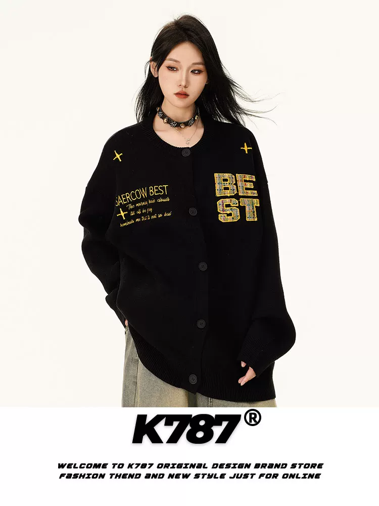 Áo cardigan dệt kim phong cách retro Mỹ K787 thêu chữ, kiểu dáng lười, unisex, áo len cặp đôi cổ điển, áo khoác phong cách ins