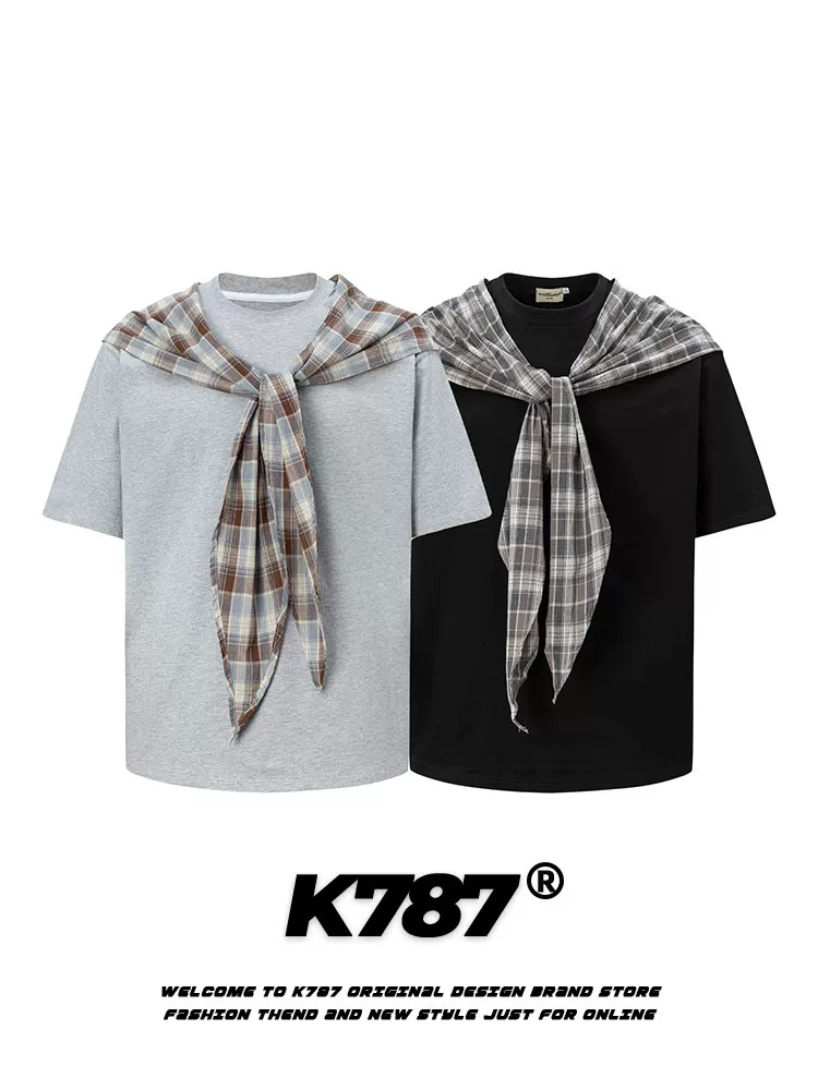 K787 Áo thun ngắn tay giả hai mảnh kiểu cổ điển Mỹ dành cho nam và nữ, áo nửa tay dáng rộng phong cách đại học giản dị