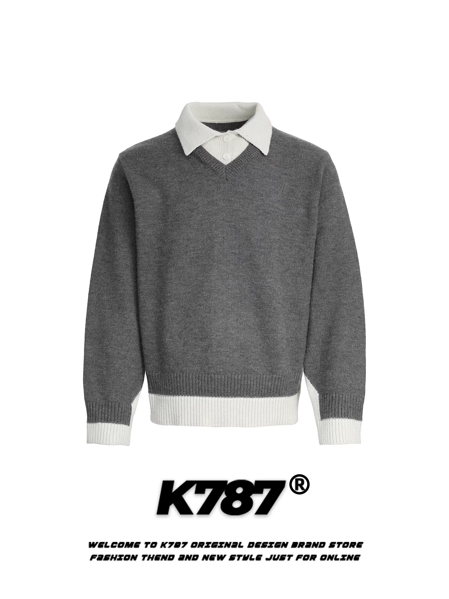 Áo len giả hai mảnh cổ trụ kiểu Mỹ K787 dành cho nam và nữ, kiểu dáng rộng rãi, thoải mái, phong cách lười biếng, chất liệu dệt kim dành cho cặp đôi, thích hợp cho mùa thu.