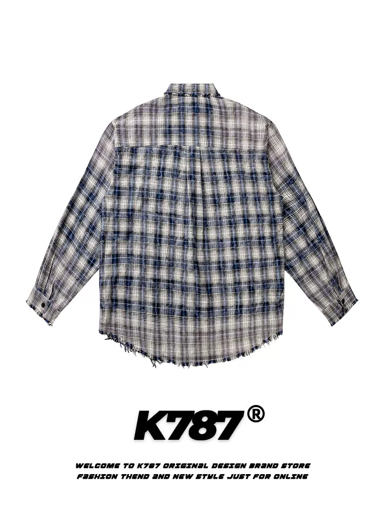 K787 Áo sơ mi dài tay kẻ sọc cổ điển kiểu Mỹ có viền tua rua unisex cổ điển áo khoác đôi