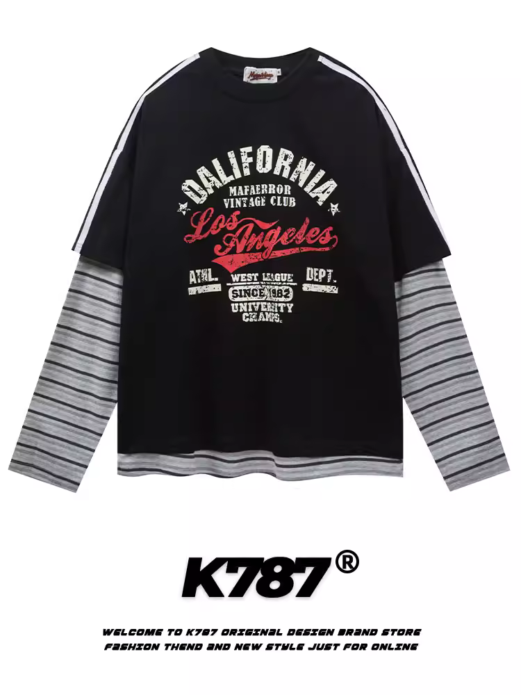 K787 Áo thun giả hai mảnh in họa tiết cổ điển kiểu Mỹ unisex oversize thể thao dài tay áo thun dài tay