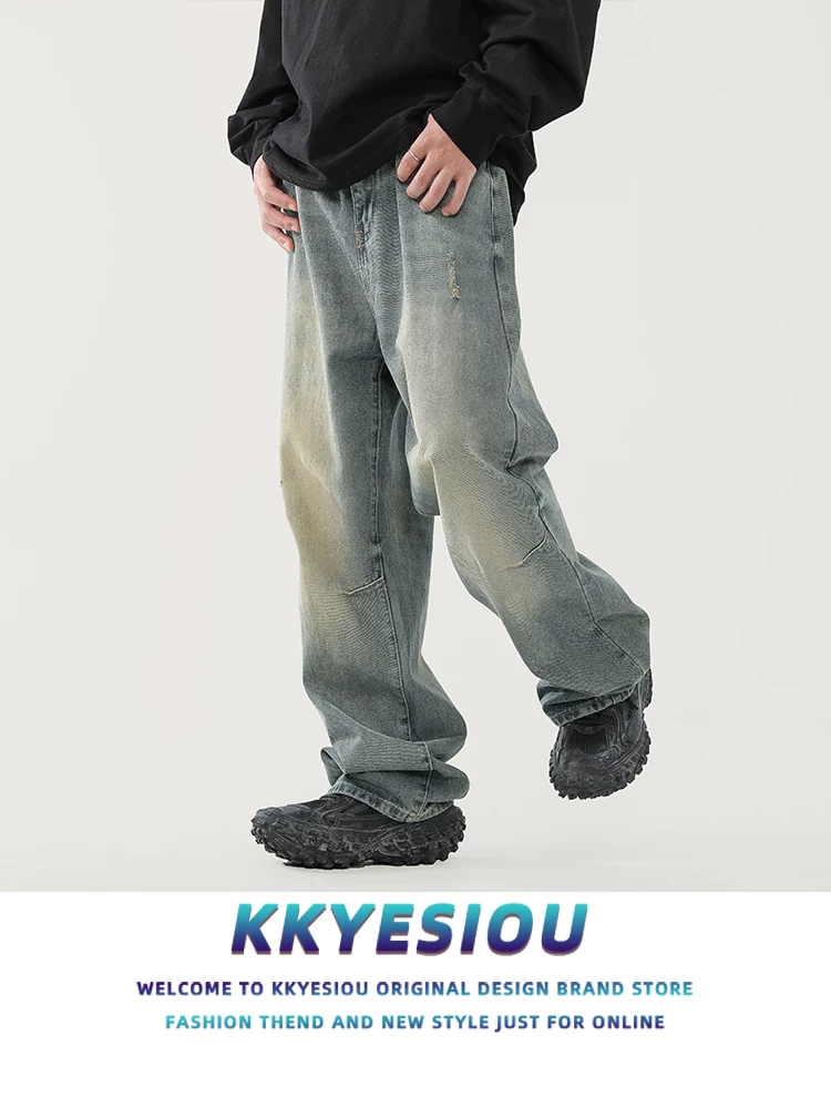 Quần ống rộng unisex phong cách retro Mỹ, chất liệu washed, kiểu dáng xu hướng đường phố, dáng thẳng, size lớn