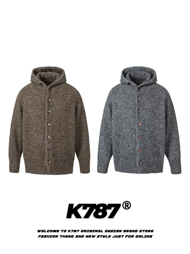 Áo len cardigan có mũ trùm đầu kiểu Mỹ cổ điển đơn giản K787 dành cho nam và nữ, kiểu dáng rộng rãi và thoải mái, áo khoác dệt kim đa năng và giản dị