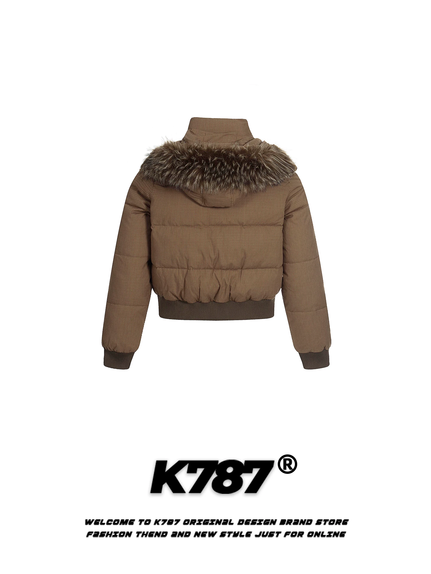 Áo khoác cotton có mũ trùm đầu cổ lông kẻ sọc cổ điển kiểu Mỹ K787 dành cho nữ, phong cách lười biếng, dày dặn và ấm áp, áo khoác cotton mùa đông ngắn.
