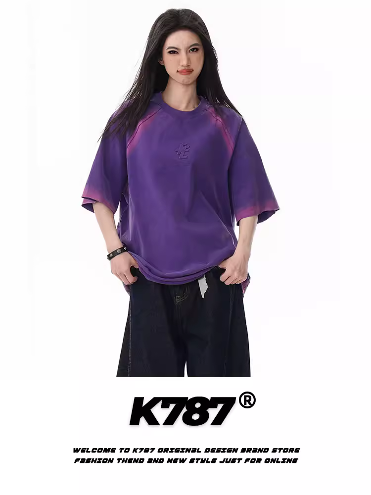 Áo thun ngắn tay kiểu đường phố cổ điển Mỹ K787, kiểu dáng rộng thùng thình, phong cách hip-hop, dành cho nam và nữ.