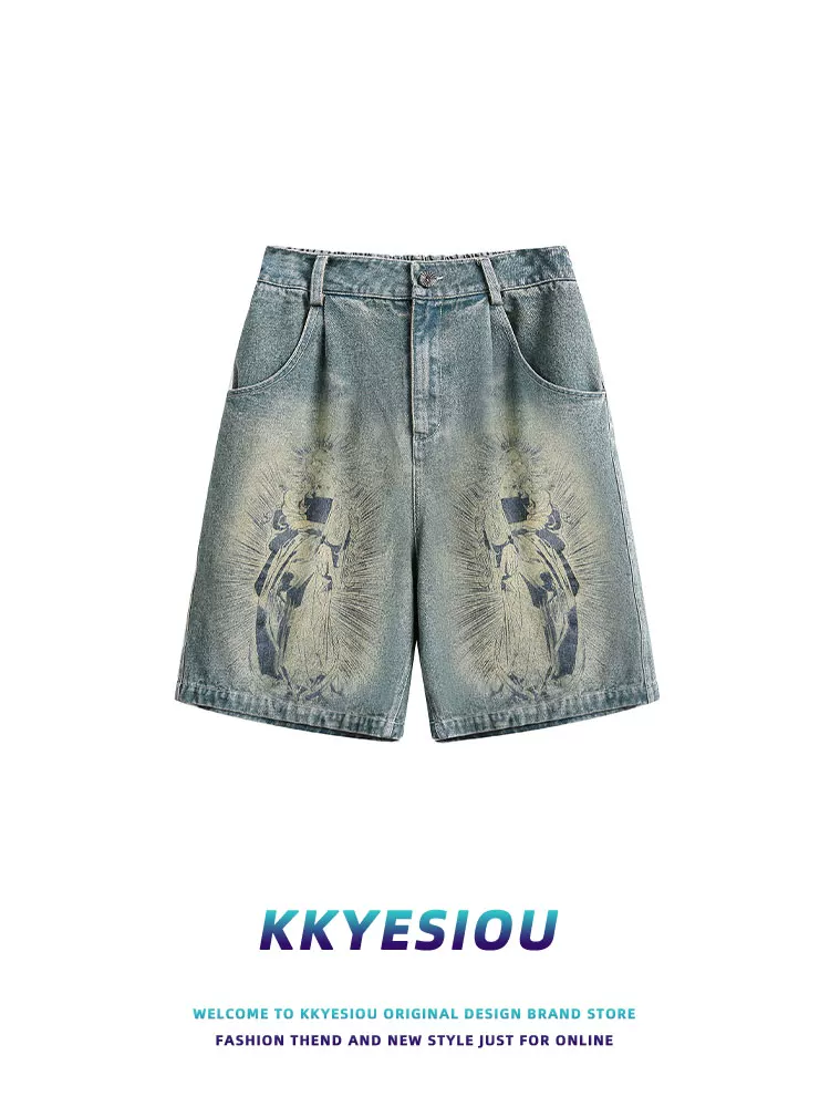 Quần short đường phố cao cấp kiểu dáng cổ điển của Mỹ của KKyesiou dành cho nam và nữ mùa hè Quần short denim dài vừa phải in họa tiết đường phố châu Âu và Mỹ