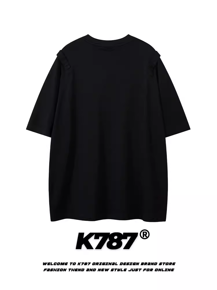 K787 Áo thun ngắn tay phong cách retro Mỹ màu trơn giản dị đường phố unisex oversize hip-hop đính đá cặp đôi