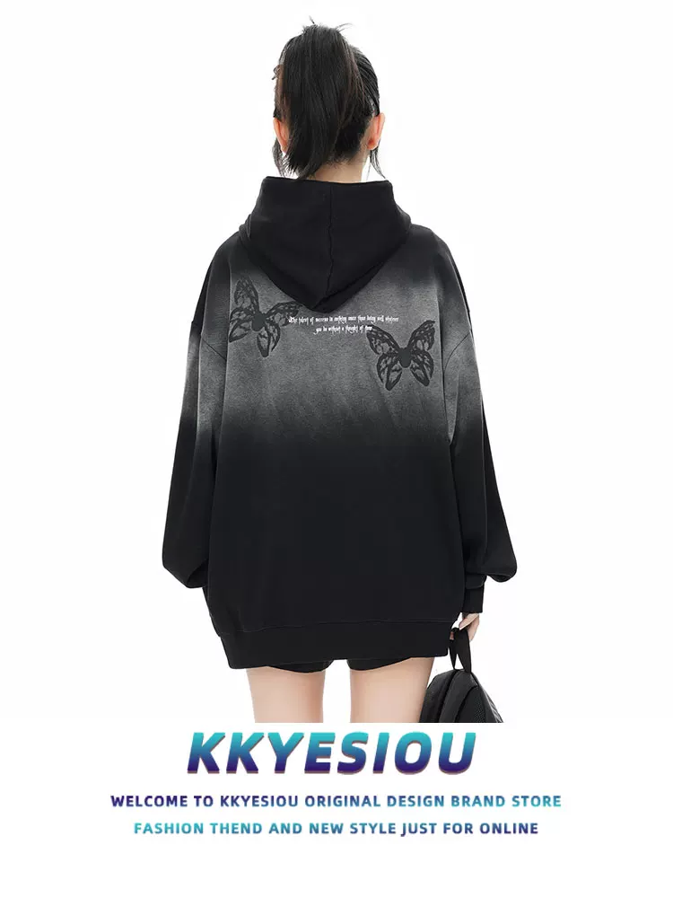 Áo hoodie thêu hình bướm phong cách retro Mỹ, unisex, dáng rộng, in họa tiết phun sơn, dành cho cặp đôi