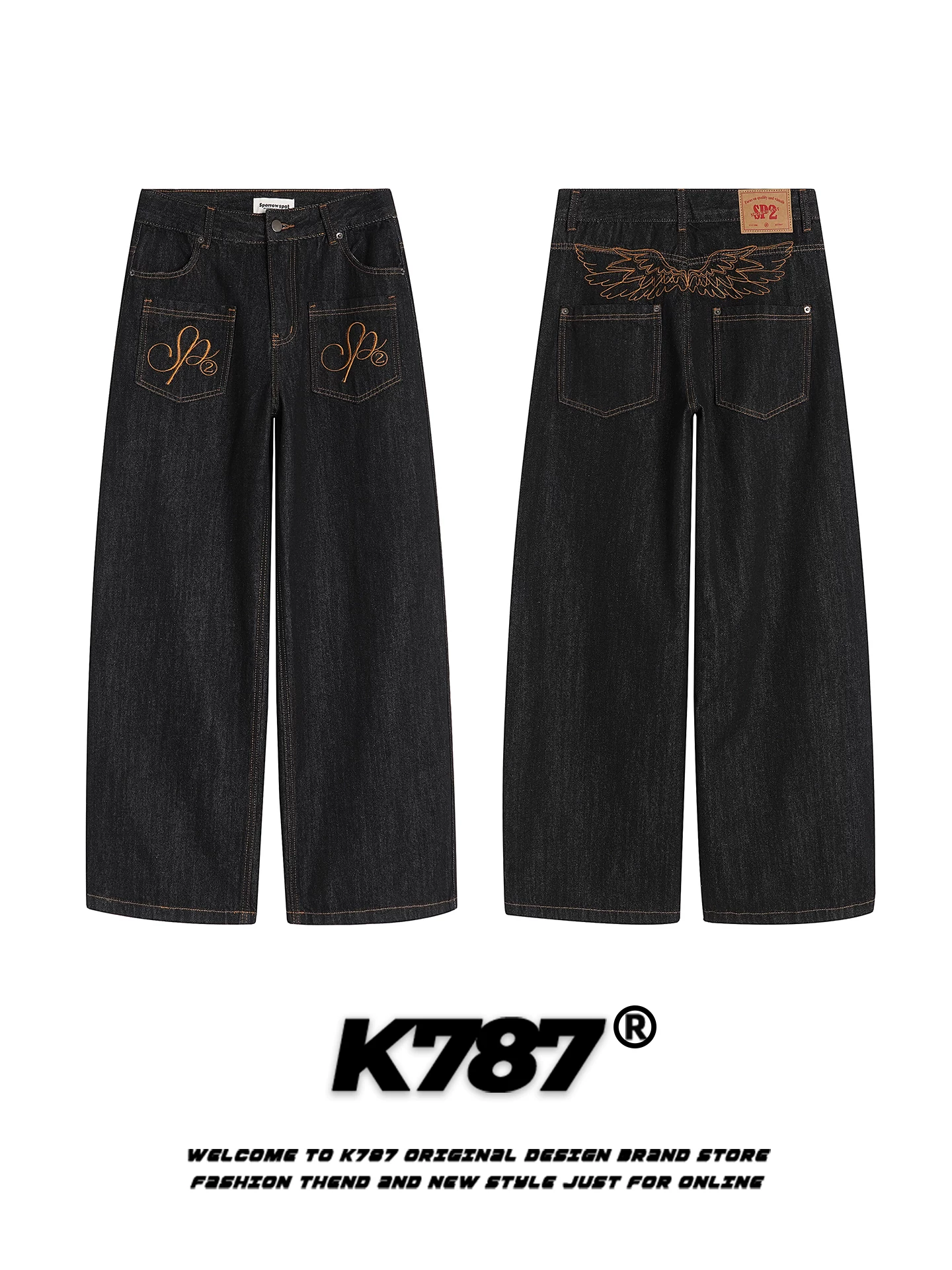 K787 Quần jean màu nguyên bản thêu theo phong cách retro của Mỹ dành cho nam và nữ quần ống đứng dáng rộng đa năng phong cách cổ điển