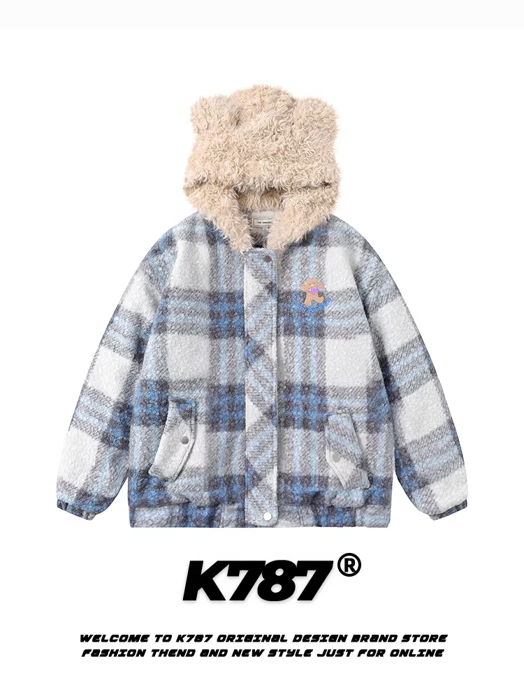 Áo khoác cotton có mũ trùm đầu hình gấu vui nhộn bằng len giả K787 dành cho nam và nữ, thêu nặng, áo khoác cotton phong cách đại học.