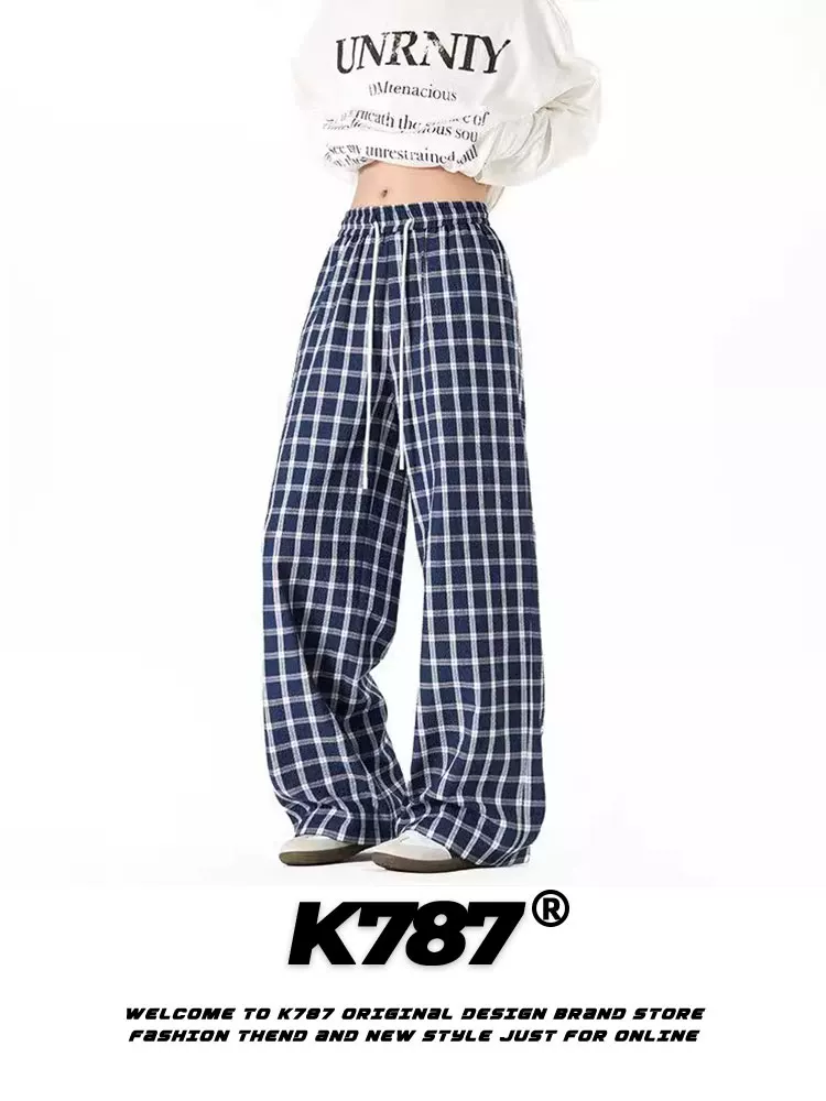 K787 Quần thể thao thông thường kẻ sọc đen trắng cổ điển kiểu Mỹ dành cho nam và nữ, quần ống đứng đa năng có dây rút lưng cao