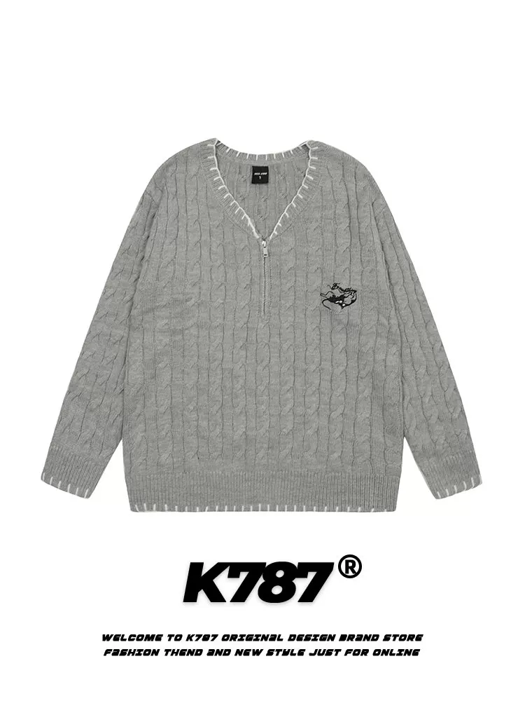 K787 Áo len dệt kim cổ chữ V phong cách retro kiểu Mỹ dành cho nam và nữ, áo len cặp đôi kiểu dáng vui nhộn, nhẹ nhàng, sang trọng