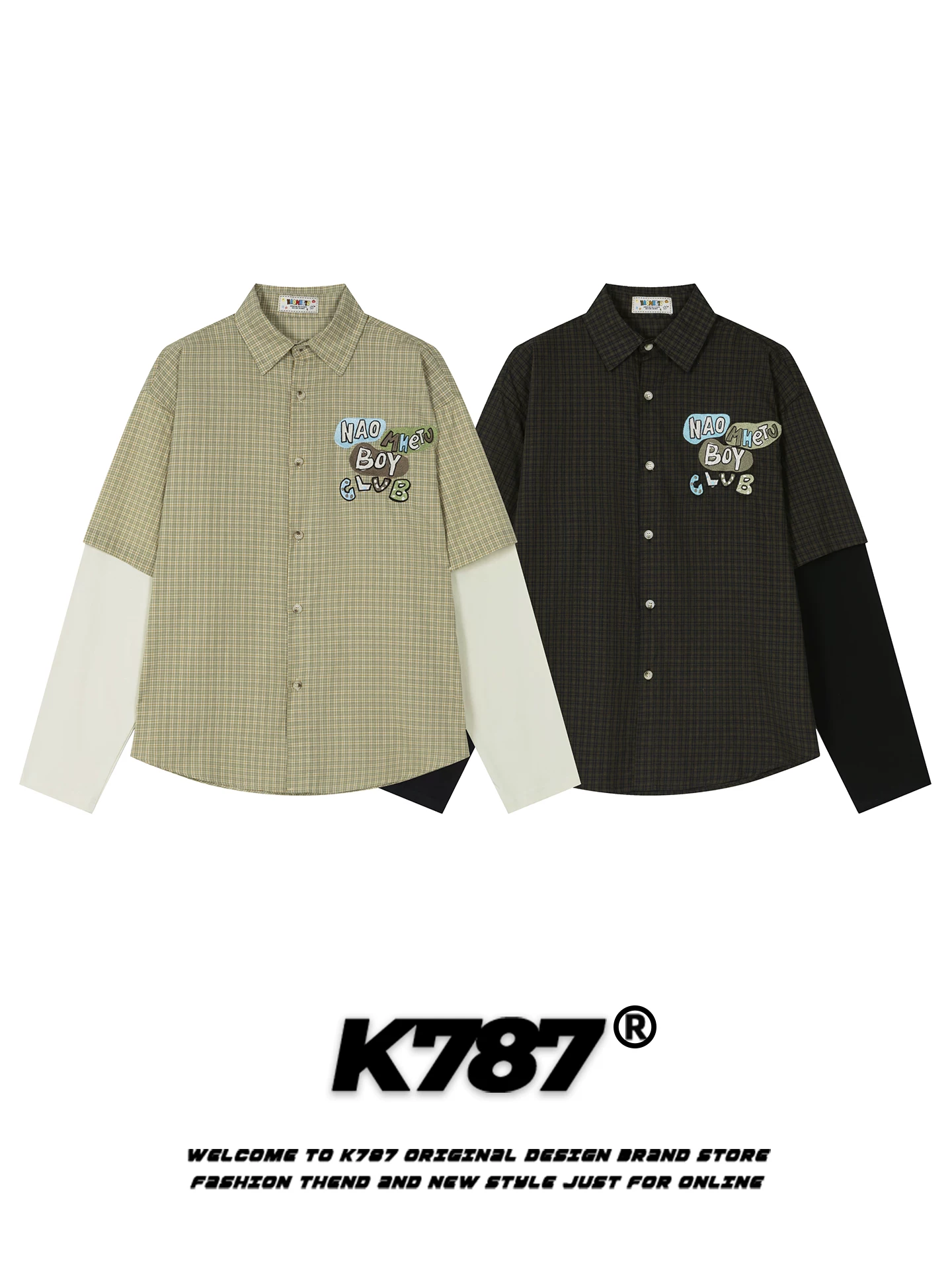 K787 Áo sơ mi dài tay giả hai mảnh kiểu Mỹ cổ điển thêu chữ unisex phong cách đại học áo sơ mi đa năng áo khoác