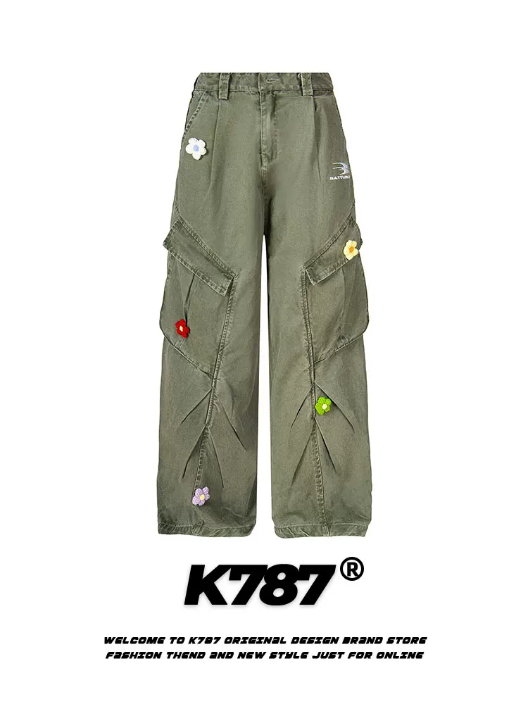 K787 Quần tây thêu phong cách retro quốc gia của Mỹ quần công sở giản dị unisex oversize lưng cao đa năng quần denim ống thẳng đa năng