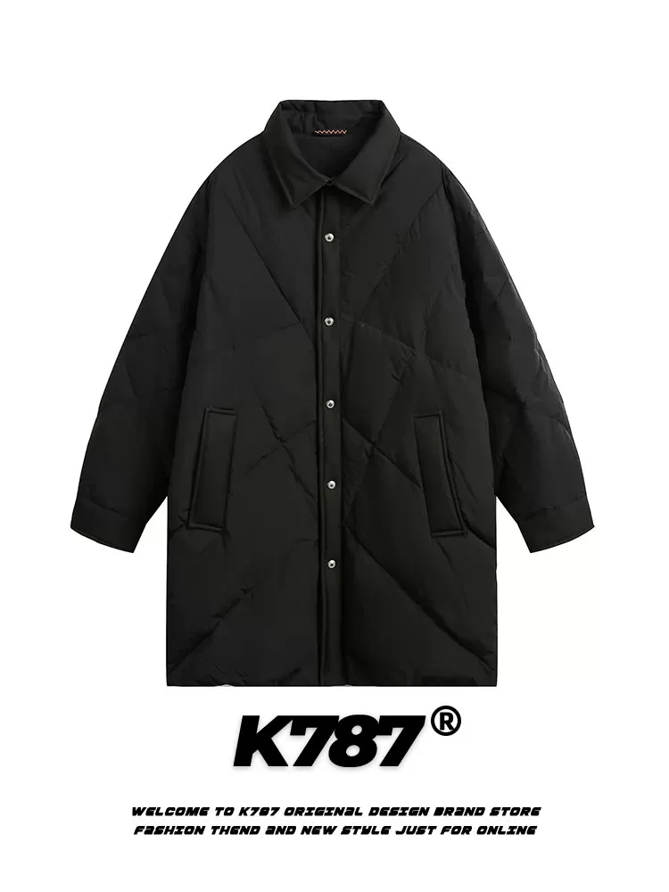 Áo khoác dài trung bình kiểu Mỹ cổ điển K787, họa tiết kim cương nhăn, 90% lông vũ trắng, dành cho nam và nữ, có cổ áo lật, áo khoác lông vũ ấm áp dài đến đầu gối.