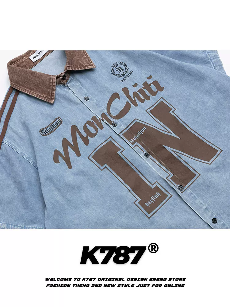 Áo sơ mi denim ngắn tay in chữ sọc kiểu Mỹ cổ điển K787 dành cho nam và nữ, đã qua xử lý làm mềm và tạo hiệu ứng cũ, kiểu dáng cardigan rộng, tay lửng.