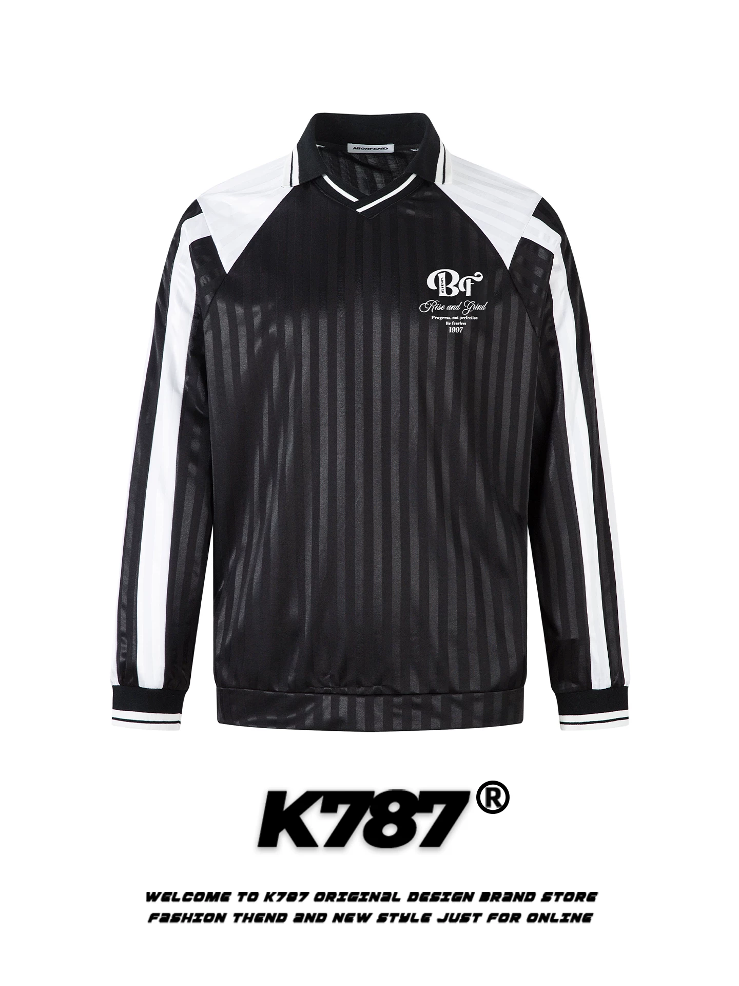 K787 Áo thun dài tay có cổ sọc dọc theo phong cách retro của Mỹ unisex phong cách thể thao jersey màu khối áo đôi dáng rộng