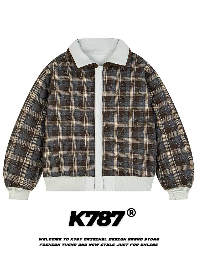 Áo khoác len cừu K787 kiểu Mỹ cổ điển, chất liệu cotton dày dặn, có thể mặc hai mặt, họa tiết ca rô, dành cho cả nam và nữ.