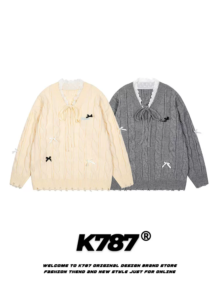 Áo len dệt kim cổ V buộc dây phong cách retro Mỹ K787, phối ren, dành cho nam và nữ, kiểu vintage preppy.