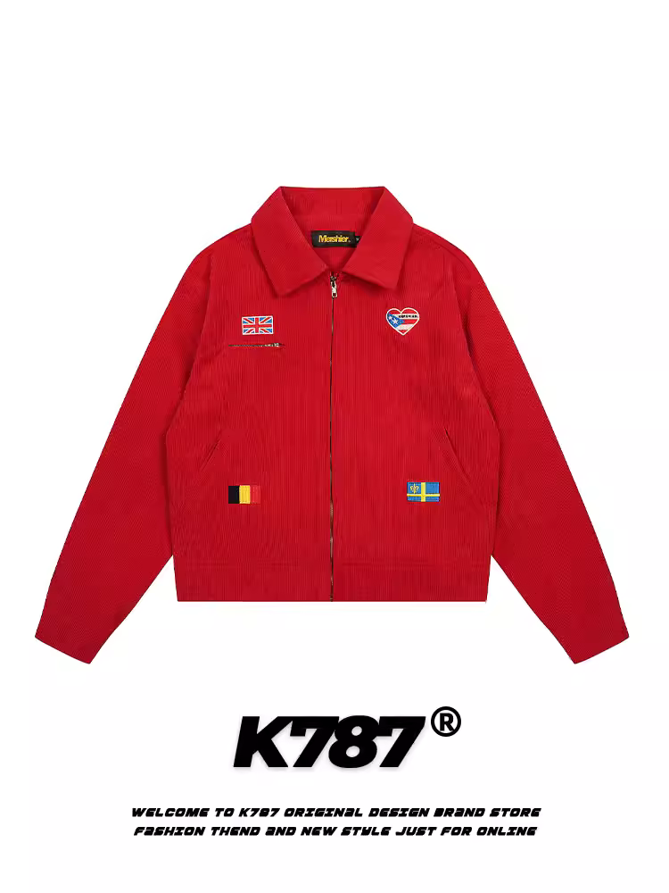 Áo khoác ngắn kiểu phi công chất liệu vải bố gân in hình trái tim phong cách retro Mỹ K787, unisex, dày dặn, màu đỏ