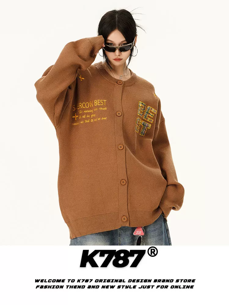 Áo cardigan dệt kim phong cách retro Mỹ K787 thêu chữ, kiểu dáng lười, unisex, áo len cặp đôi cổ điển, áo khoác phong cách ins