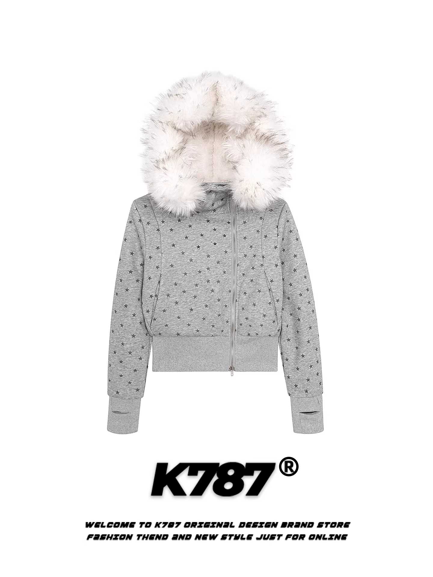 Áo khoác cotton có mũ trùm đầu cổ lông in hình ngôi sao phong cách retro Mỹ K787 dành cho nữ, lót lông cừu, dày dặn, ấm áp, áo khoác cotton ngắn cho mùa đông.