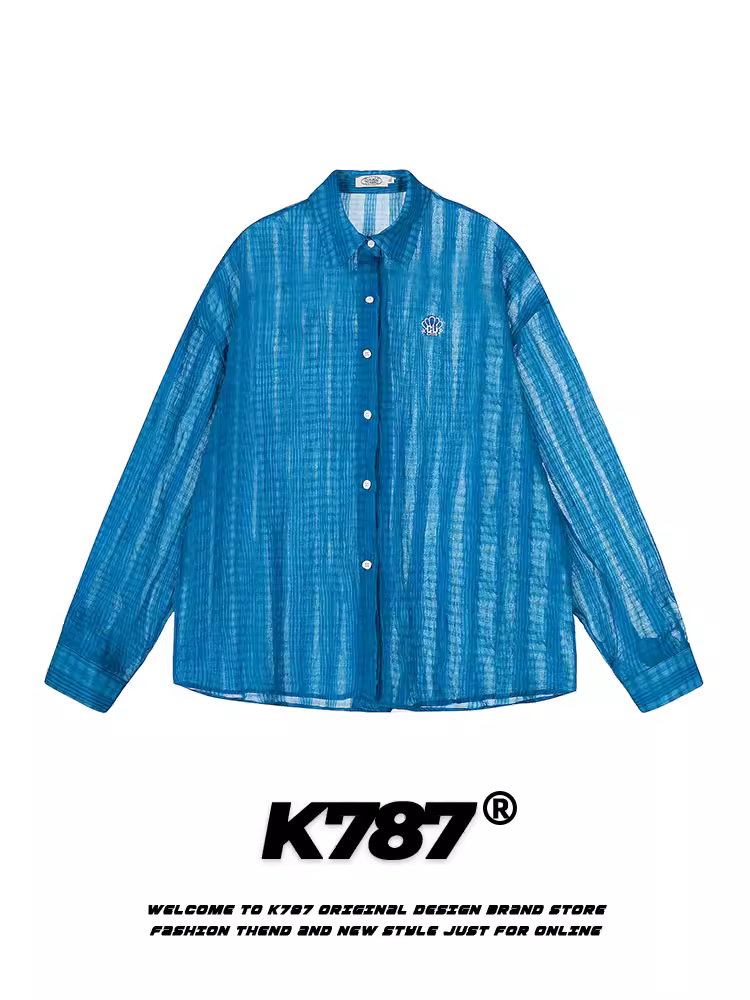Áo sơ mi dài tay chống nắng sọc bán trong suốt K787 dành cho nam và nữ, áo khoác màu xanh mỏng kiểu cổ điển kiểu Mỹ