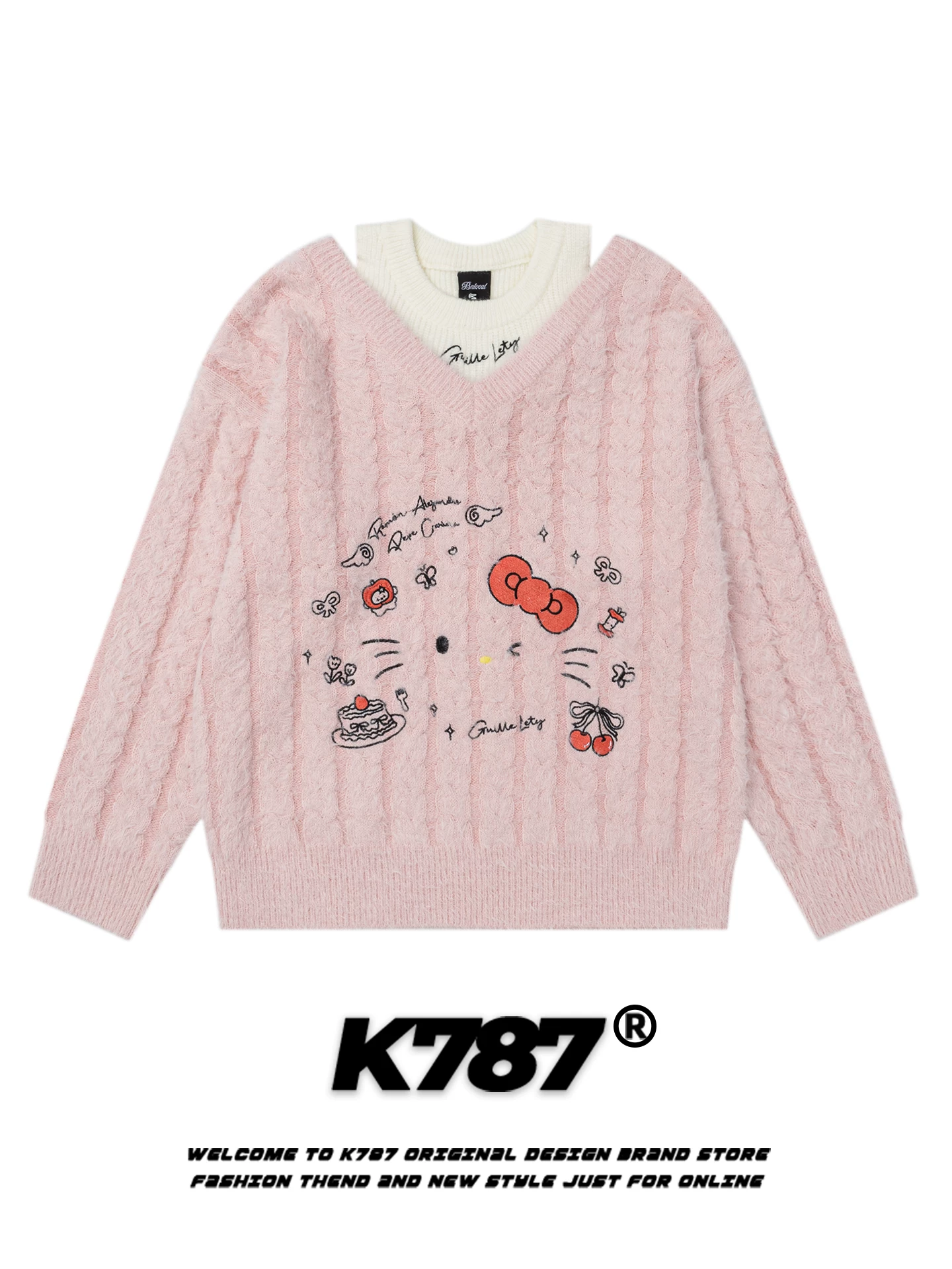 K787 Áo len vest hai mảnh giả Hello Kitty kiểu Mỹ dành cho nữ, dáng rộng, mềm mại và trẻ trung, áo len màu hồng giản dị