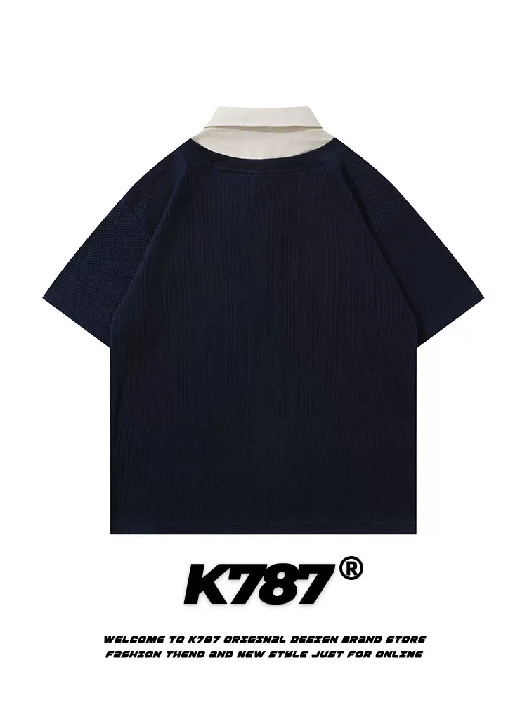 K787 Áo sơ mi POLO phong cách đại học đa năng theo phong cách retro Mỹ dành cho nam và nữ, áo thun ngắn tay giả hai mảnh có dây buộc thông thường