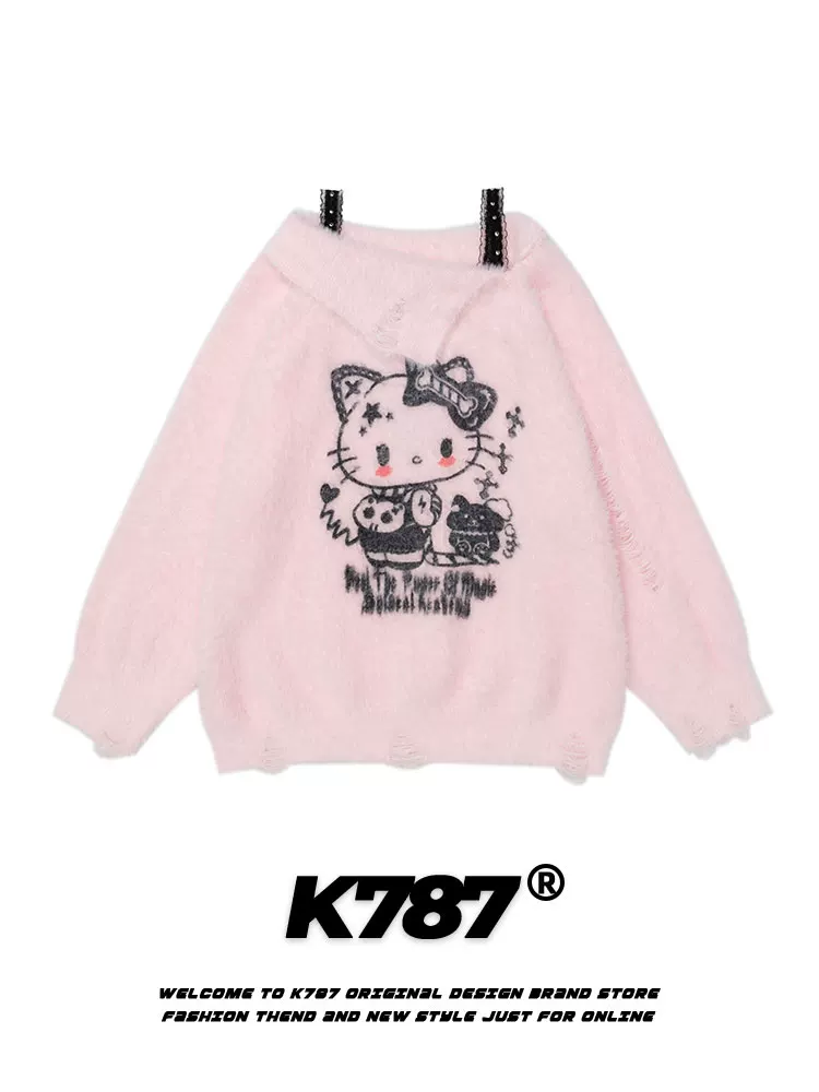 Áo len dệt kim dây đeo vai phong cách retro Mỹ K787 Hello Kitty dành cho nữ, áo khoác len phong cách ngọt ngào, dịu dàng, sành điệu, cá tính.